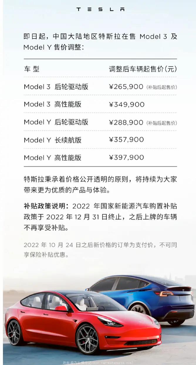 [2022特斯拉车价最新消息]在中国大陆销售Model Y售价调整