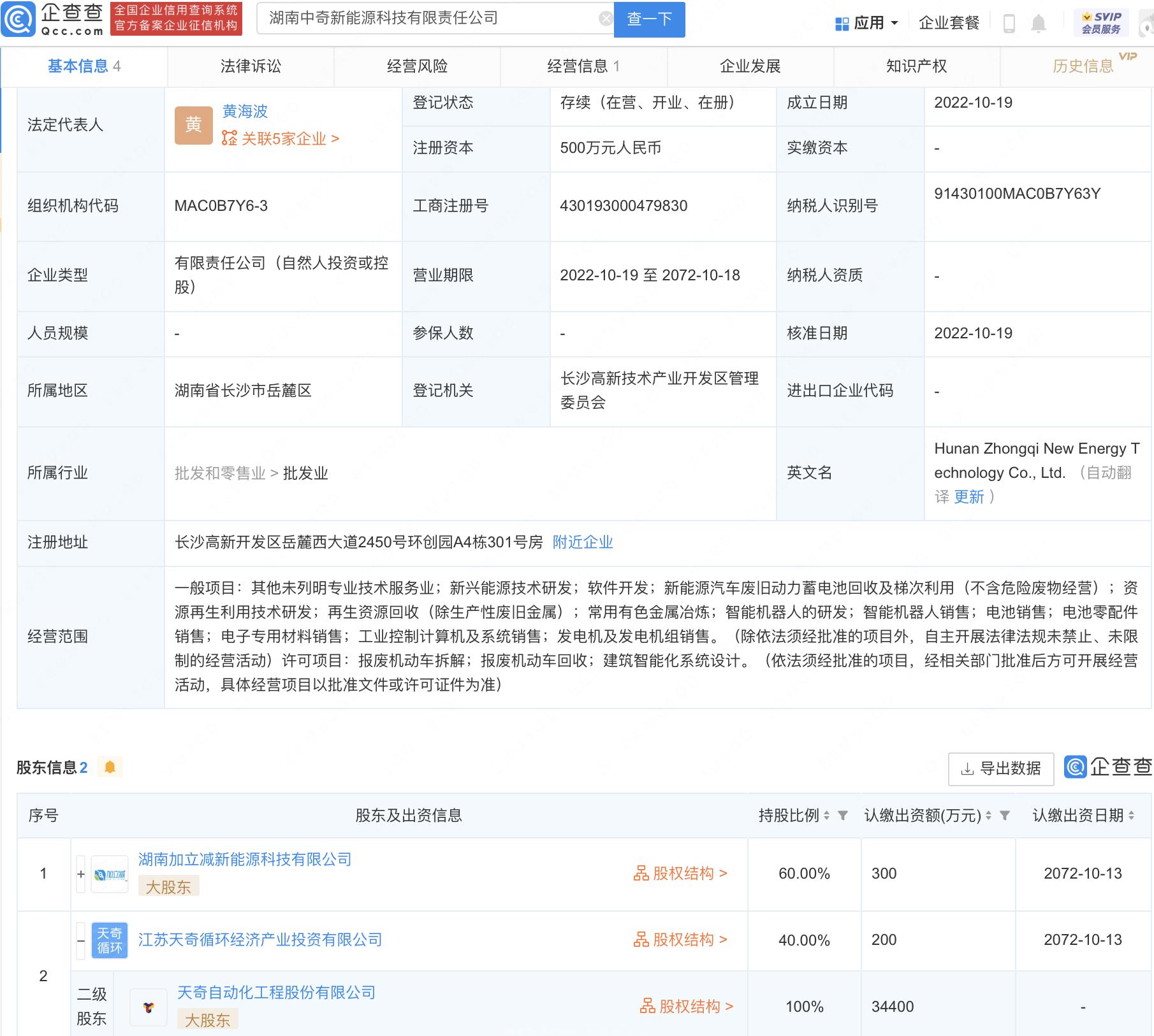 湖南中奇新能源科技有限公司成立