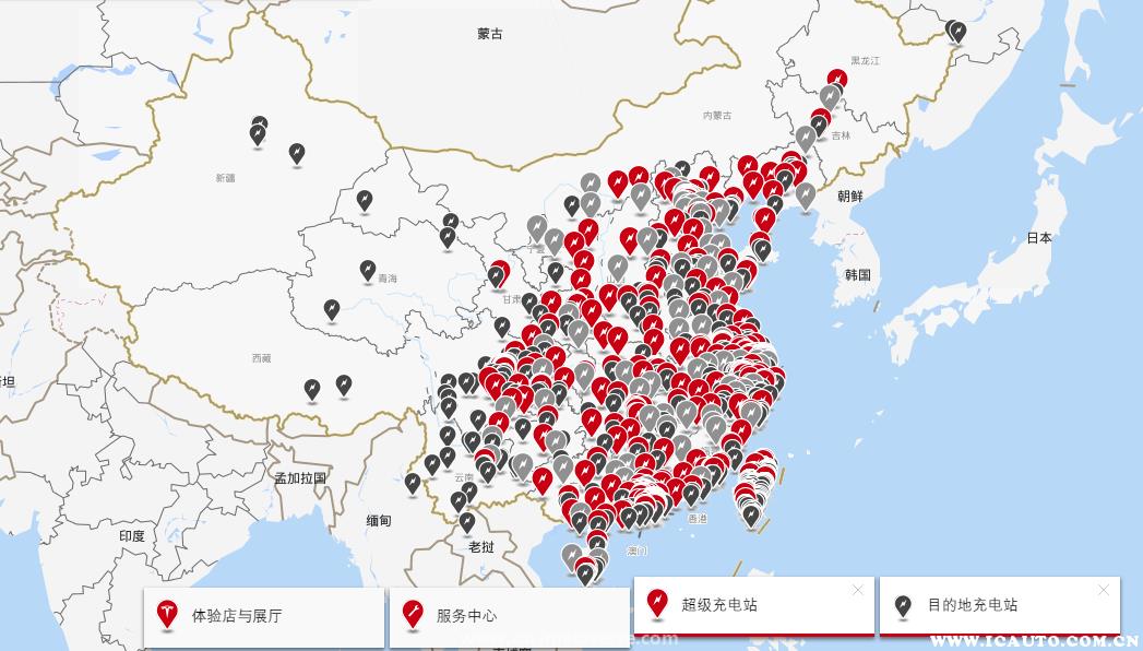 特斯拉中国充电站分布，特斯拉充电桩分布图