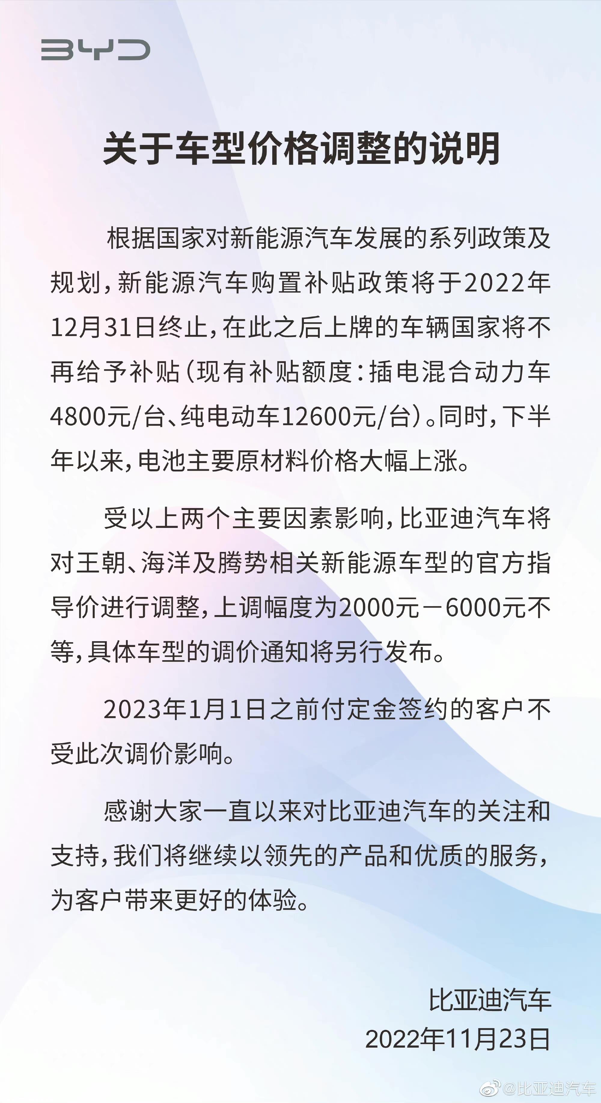 新一轮新能源汽车涨价即将到来,比亚迪只是第一家