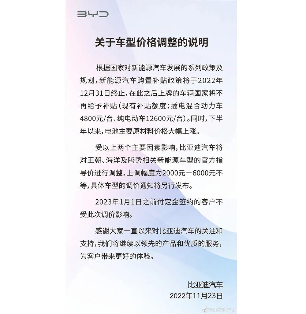 比亚迪2023年1月1日起提高新能源汽车官方指导价格
