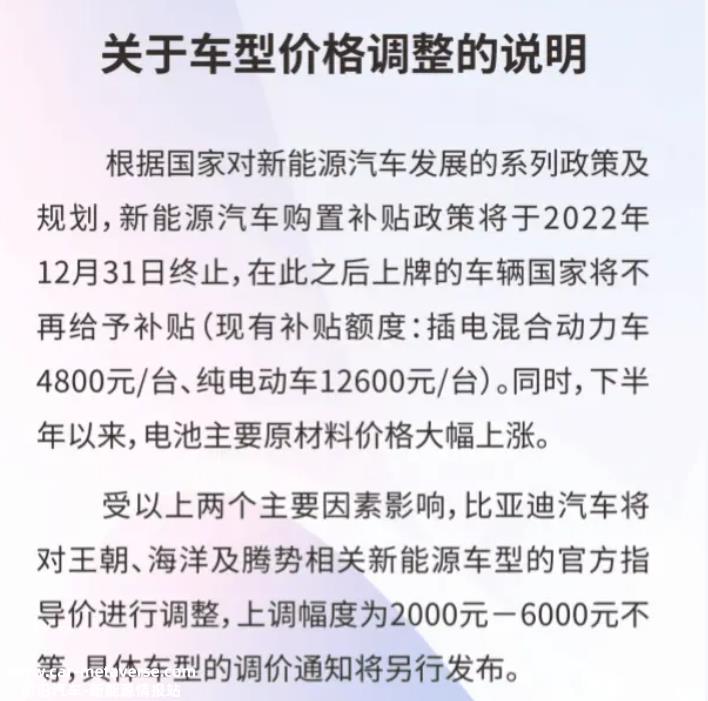 比亚迪车型价格调整的描述