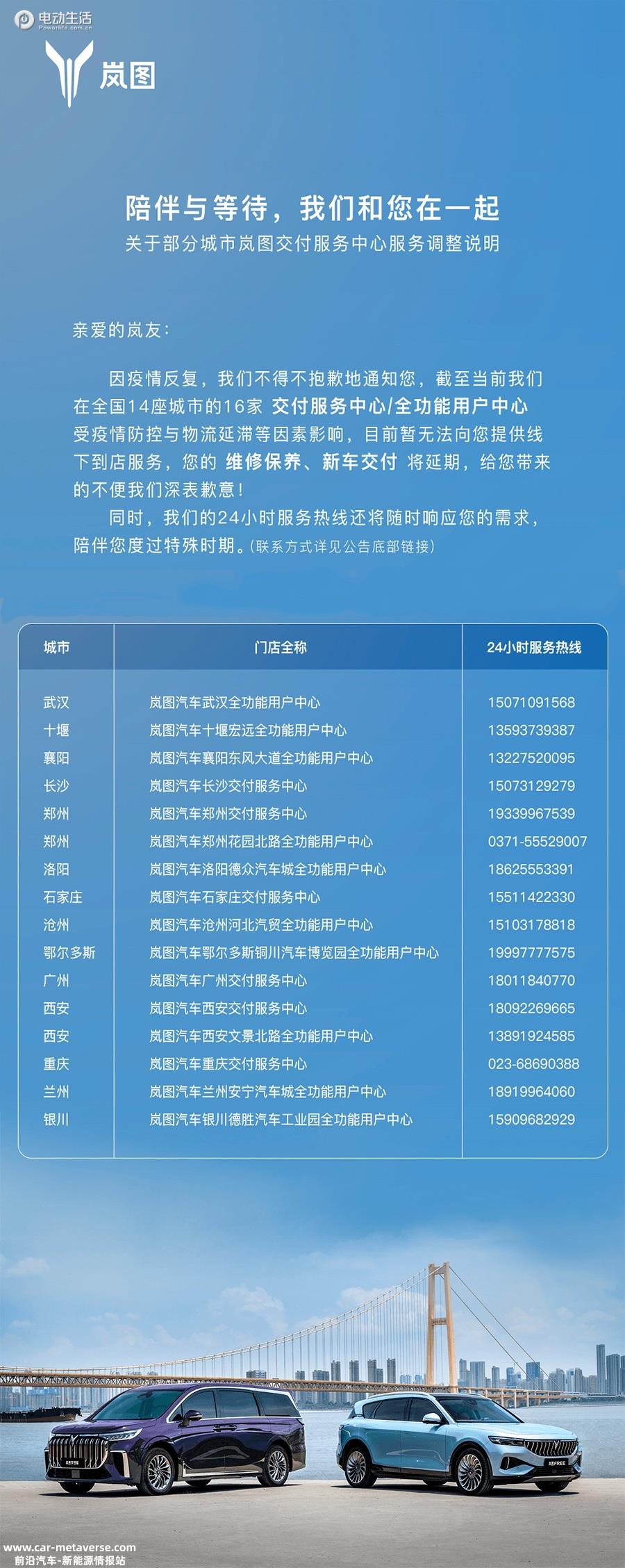 部分城市岚图交付中心服务调整