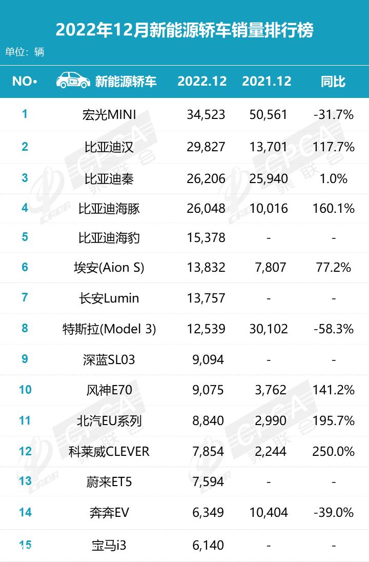 022年12月新能源汽车销量排行榜'