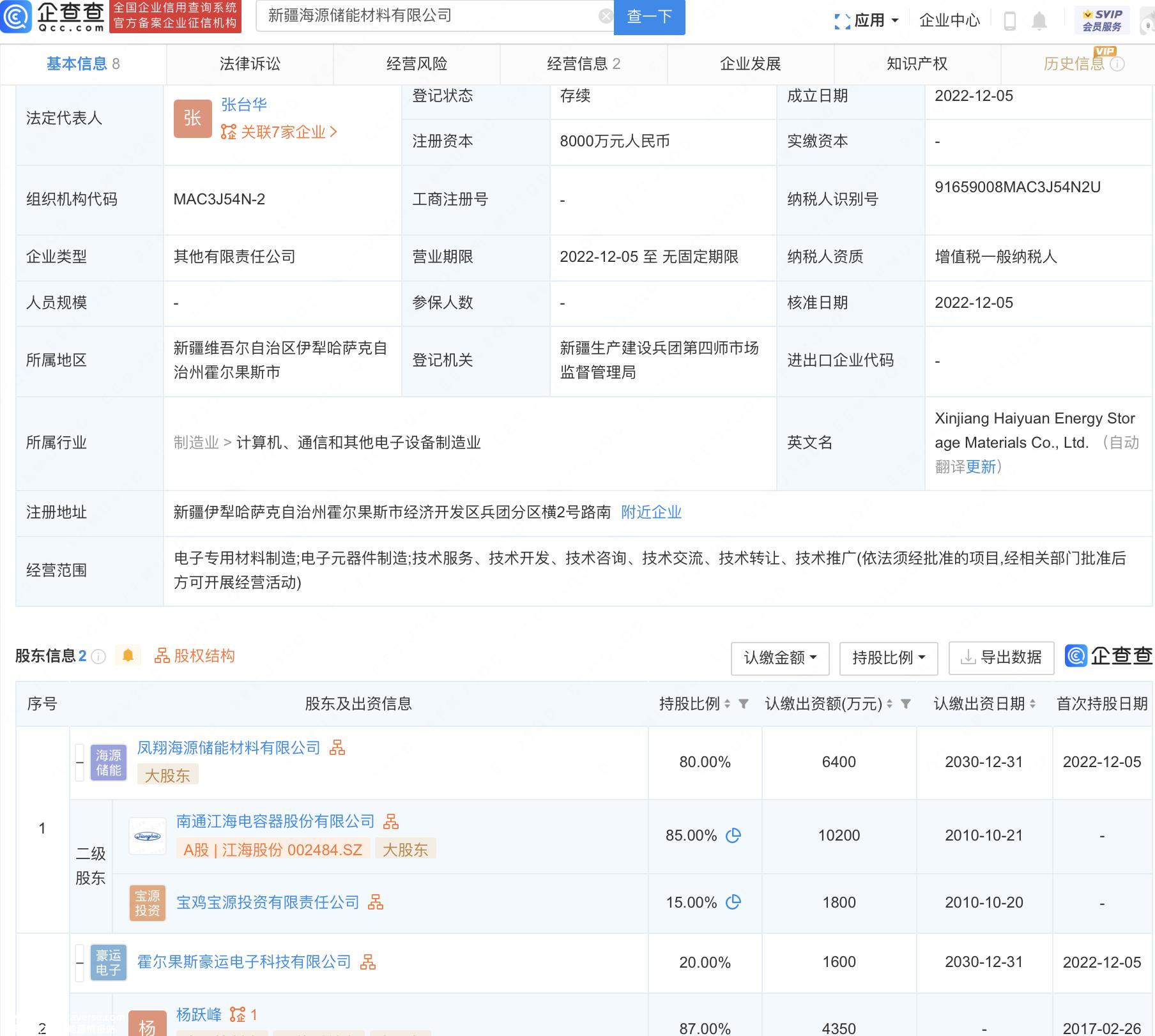 新疆海源储能材料有限公司成立