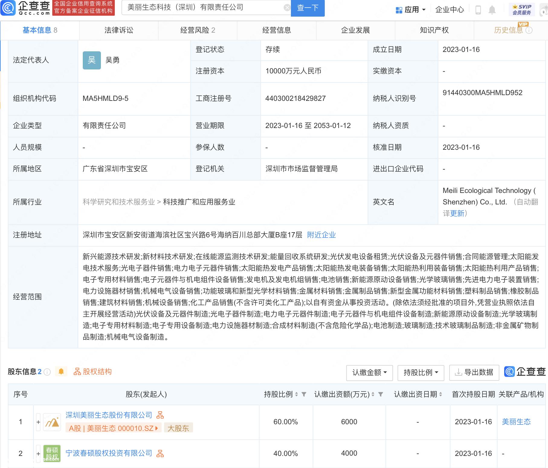 美丽生态技术(深圳)有限公司成立