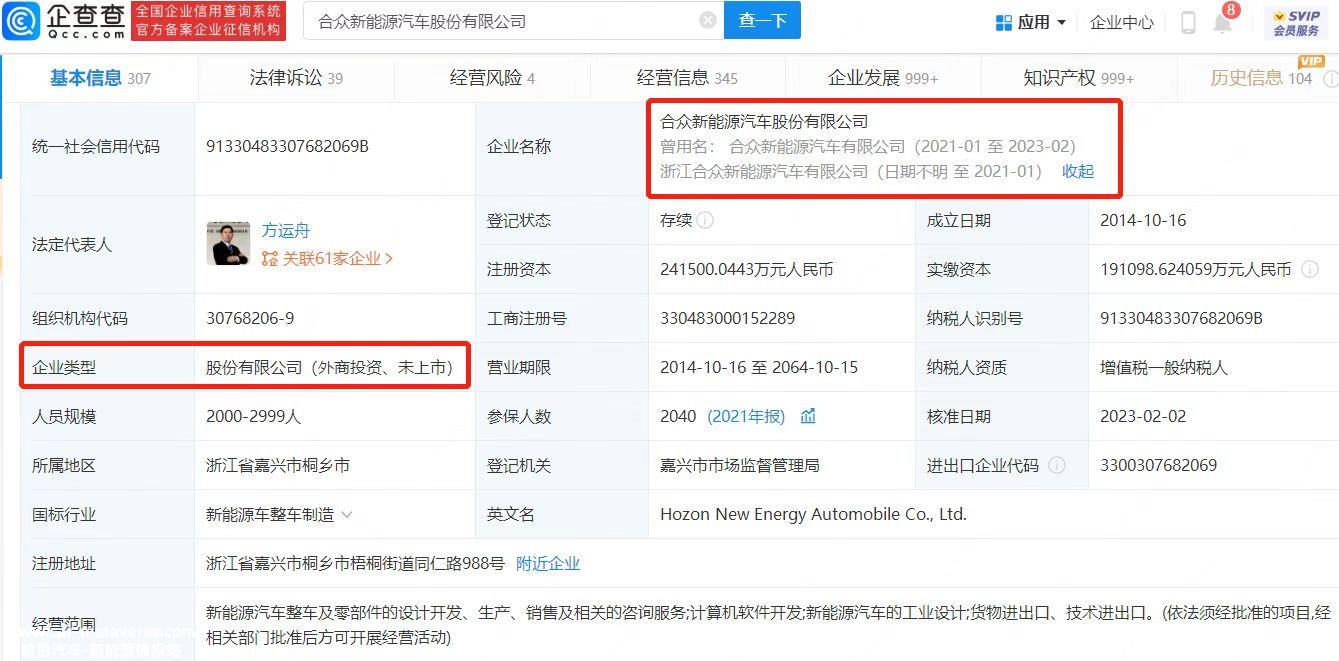 哪咤汽车关联企业“合众新能源汽车有限公司”企业名称变更