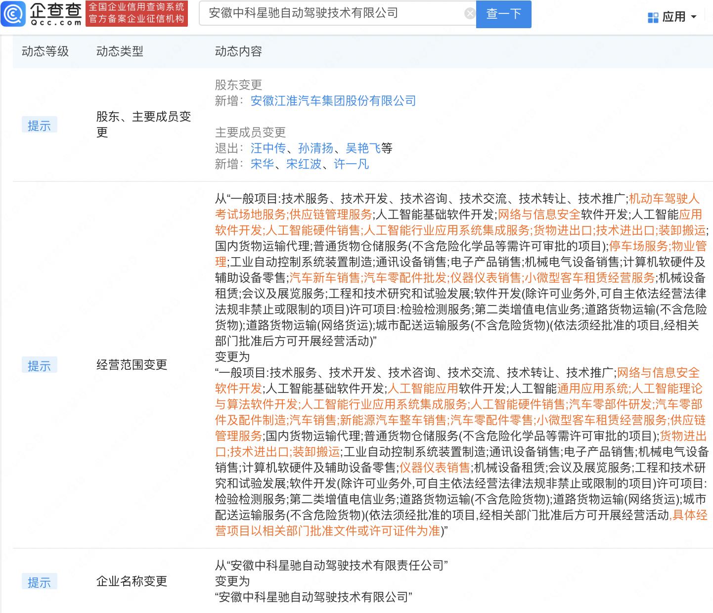 安徽中科星驰自动驾驶技术有限公司工商变更