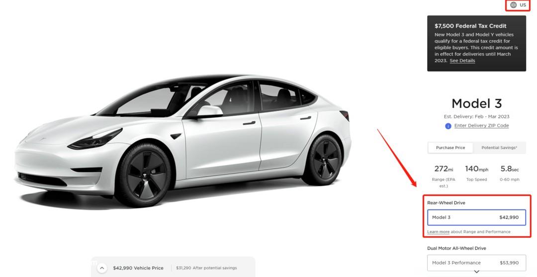 特斯拉美国又降价 Model 3后驱版售价下调500美元