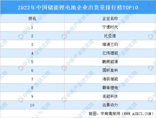 2022年中国储能锂电池企业出货量排行榜TOP10