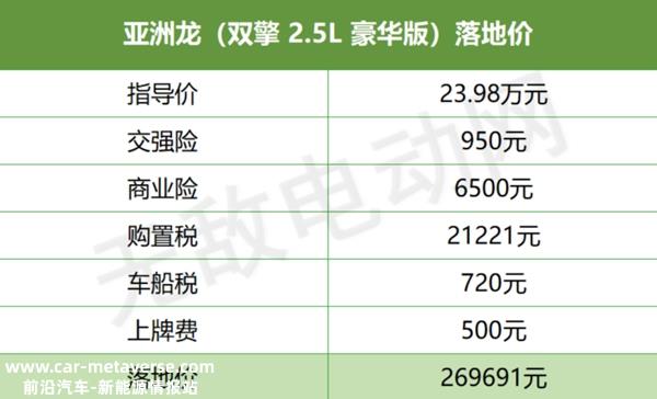 亚洲龙混动2.5豪华版落地价，亚洲龙油电混合2022款报价
