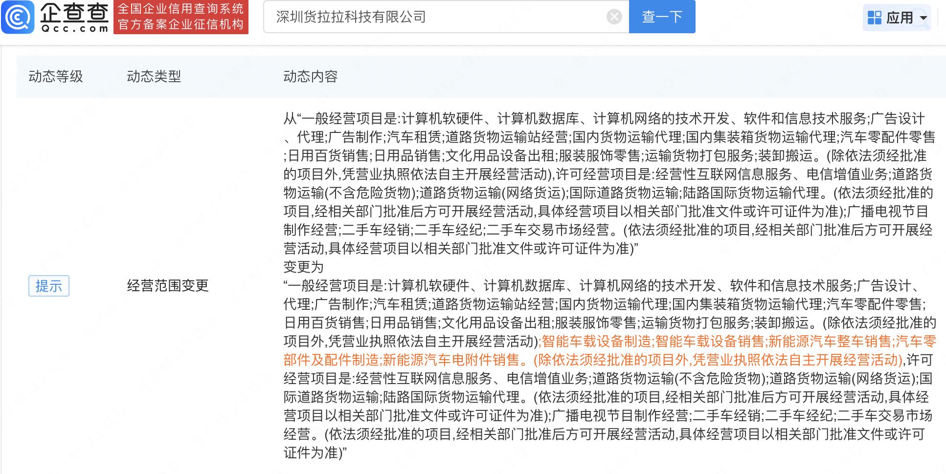 货拉拉新增智能车载设备制造、新能源汽车电动配件销售