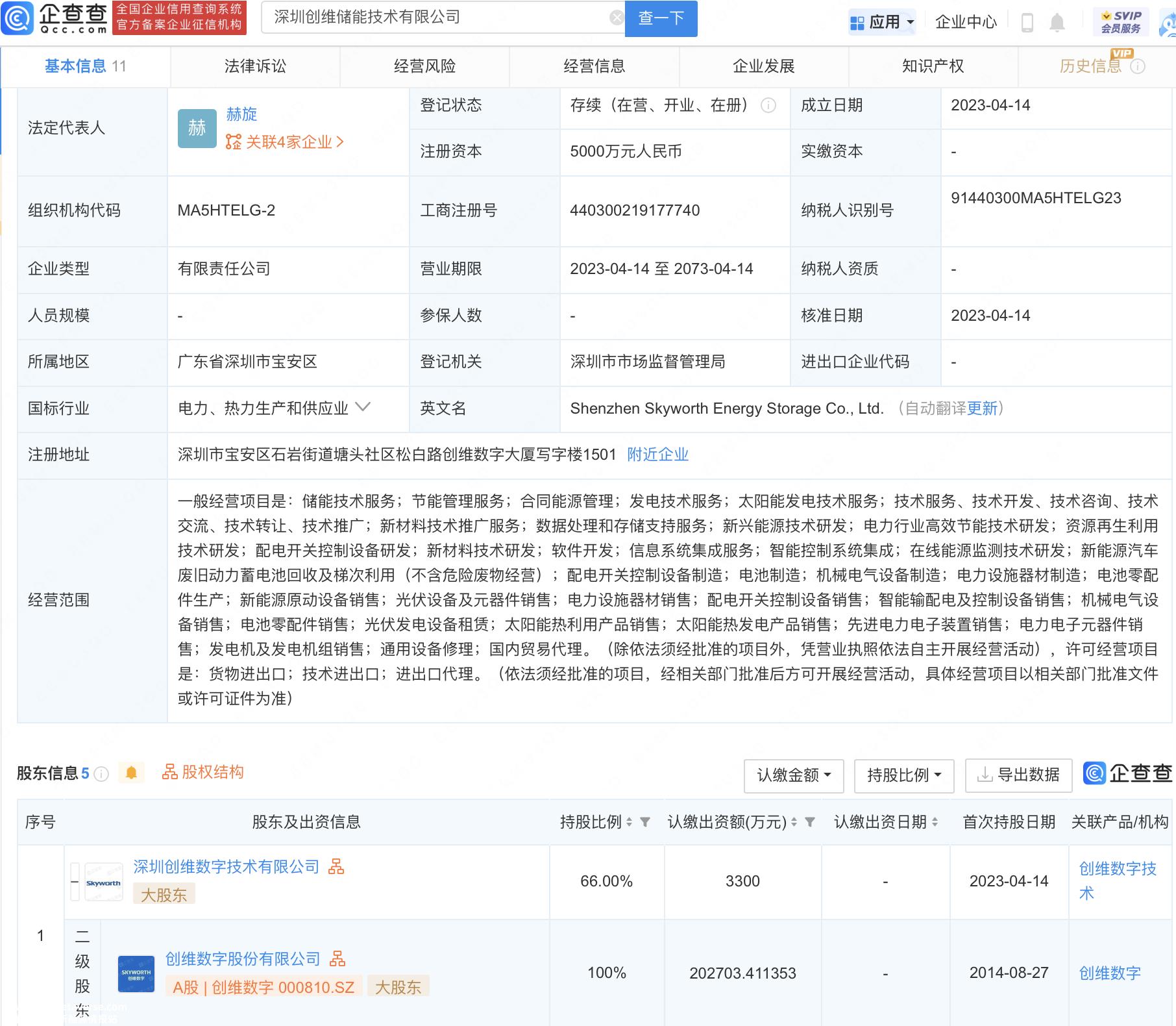 深圳创维储能技术有限公司成立