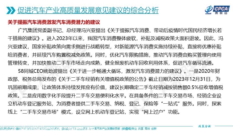 【政策综述】关于对2023年两会汽车界代表委员促进汽车产业高质量发展意见建议的综合分析