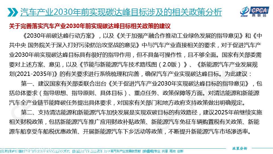 【政策综述】关于汽车产业2030年前实现碳达峰目标涉及的相关政策分析及建议