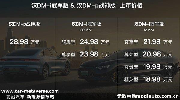 比亚迪汉DMi2023款冠军版上市，2023款汉DMI起售价仅18.98万