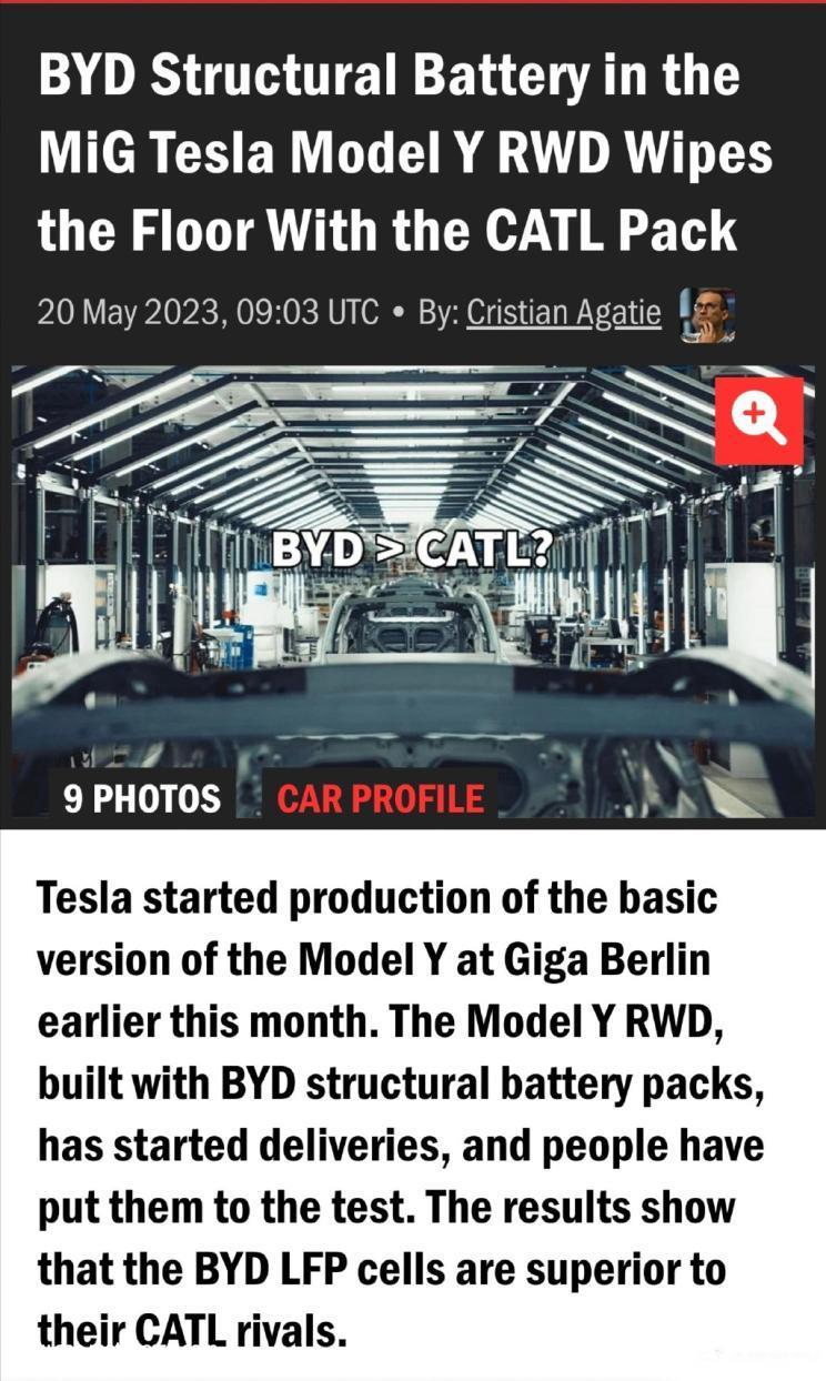 配比亚迪刀片电池 新款Model Y海外下线