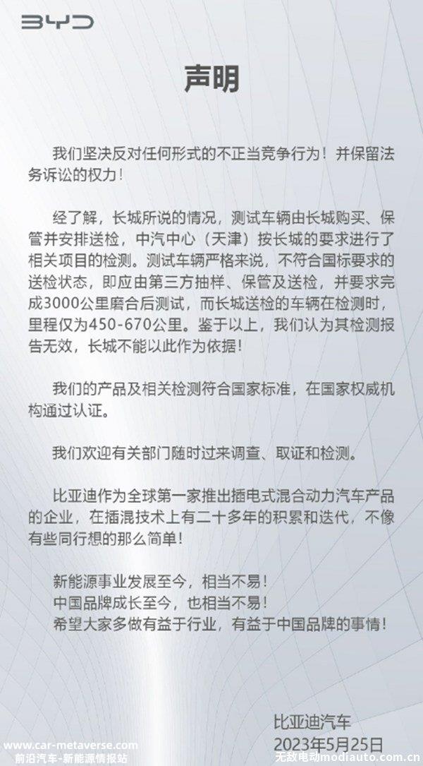 长城汽车举报比亚迪排放不达标？比亚迪最新回应来了