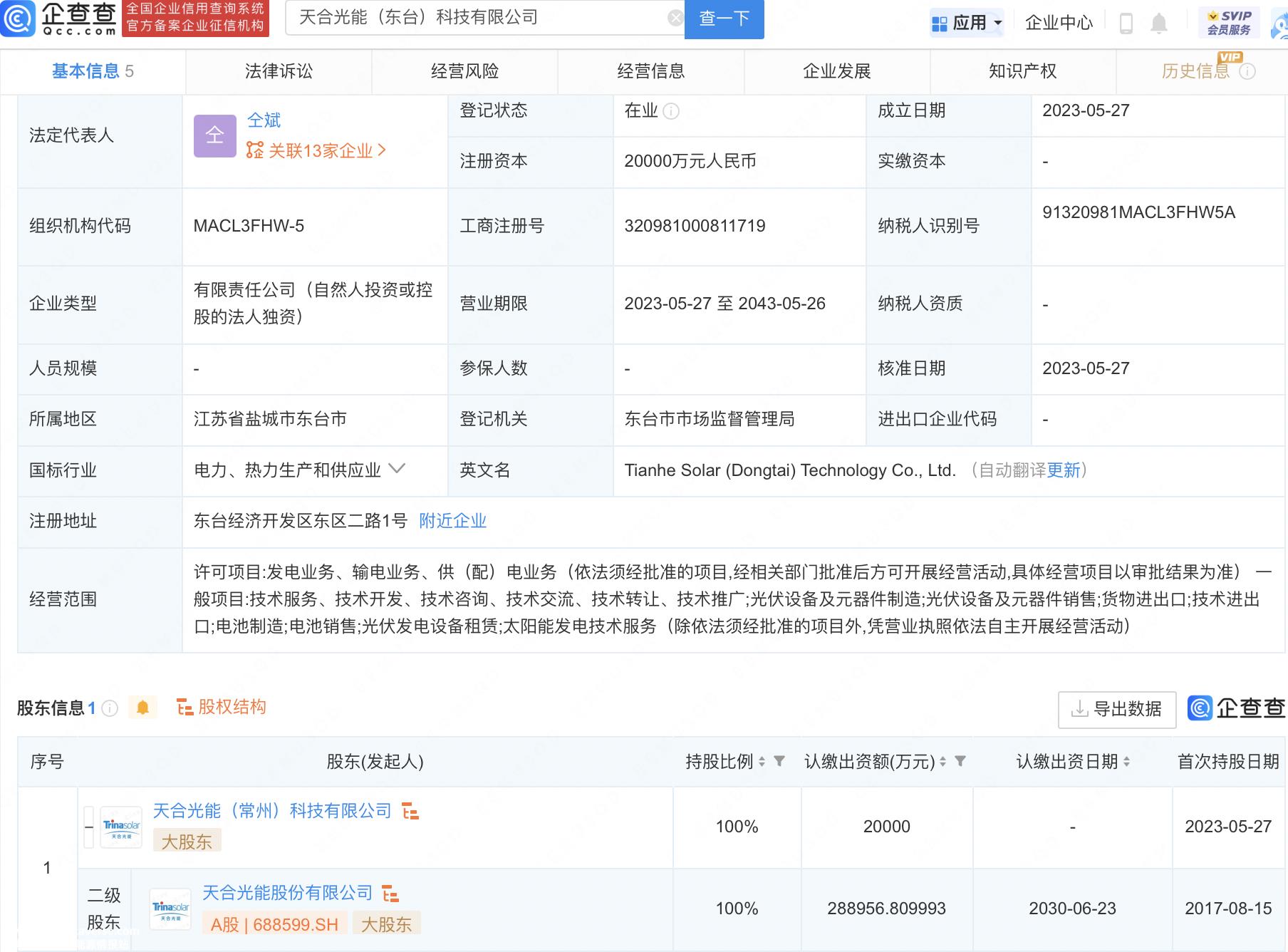天河光能(东台)科技有限公司成立