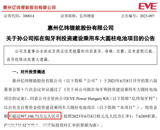 亿纬锂能全资孙公司EVE Power Hungary Kft