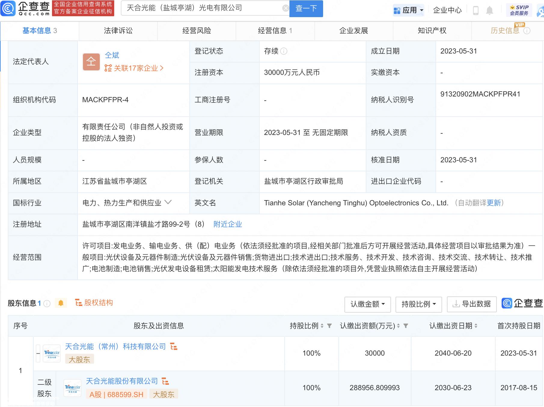 天河光能(盐城亭湖)光电有限公司成立