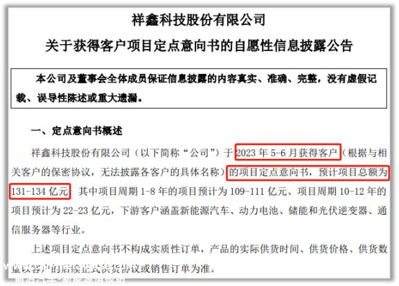 祥鑫科技5月获得客户项目指定意向书