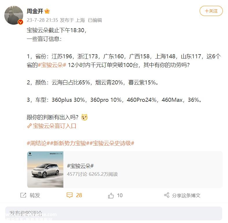 宝骏云朵盲订不到12小时订单破3000辆
