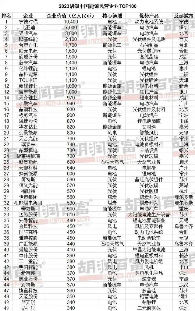 023年胡润中国能源民营企业TOP100'