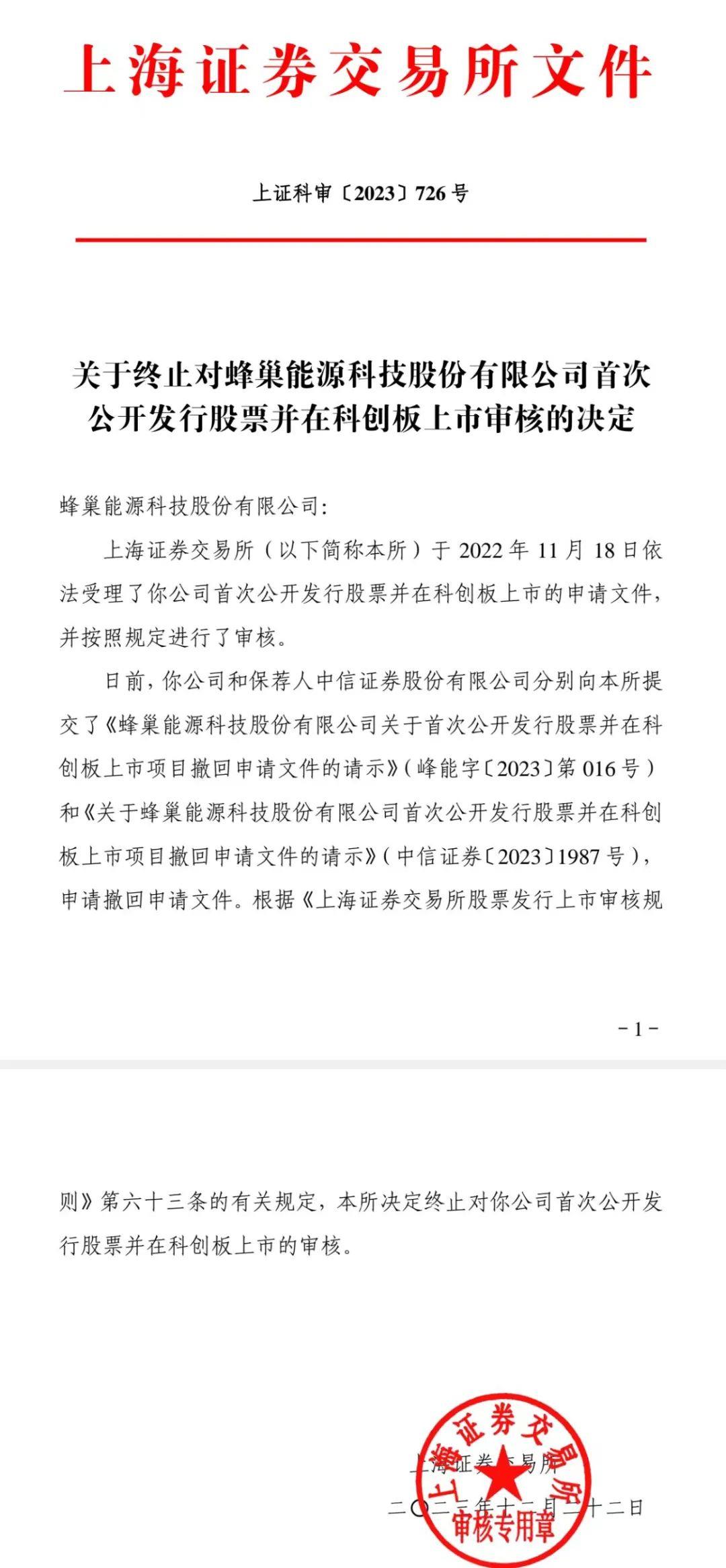 上海证券交易所终止蜂巢能源A股IPO申请