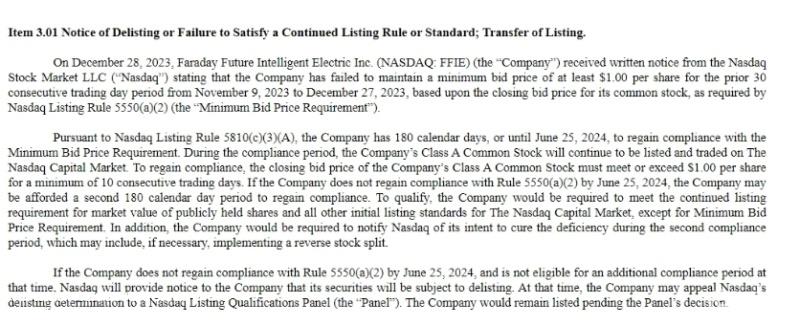 法拉第未来再收纳斯达克退市警告 市值仅0.29亿美元