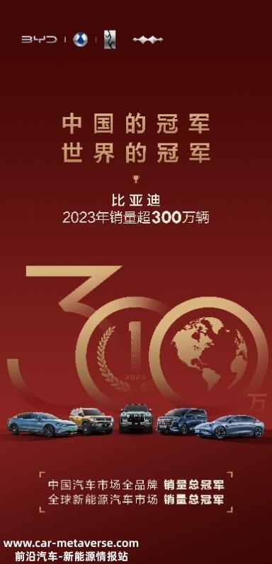 比亚迪新能源汽车销量302万辆,同比增长61