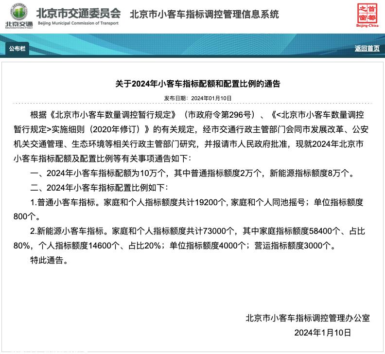 024年北京客车指标配额及配置比例公布'