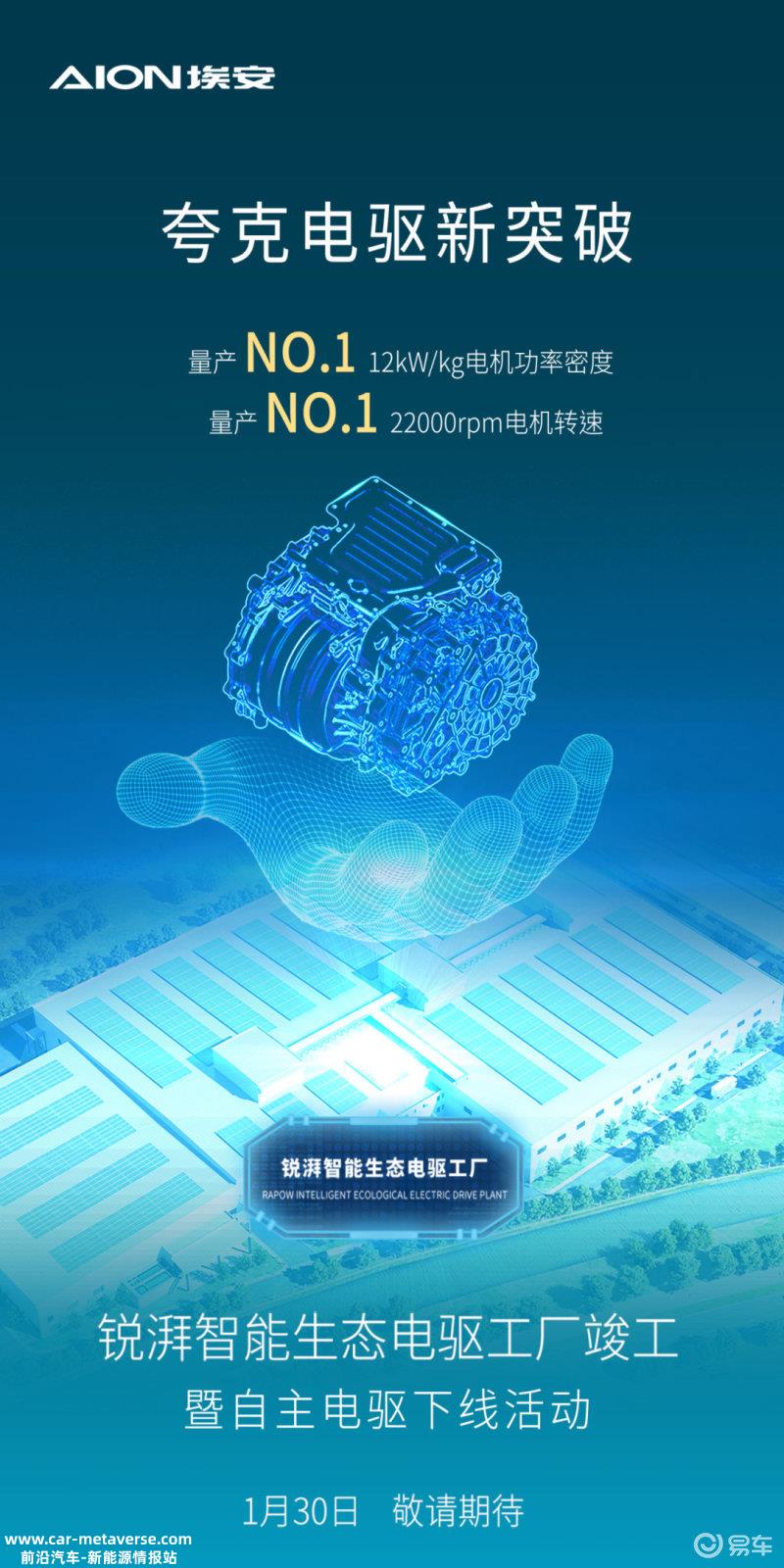 广汽埃安锐湃智能生态电驱工厂1月30日投产 量产22000rpm电机