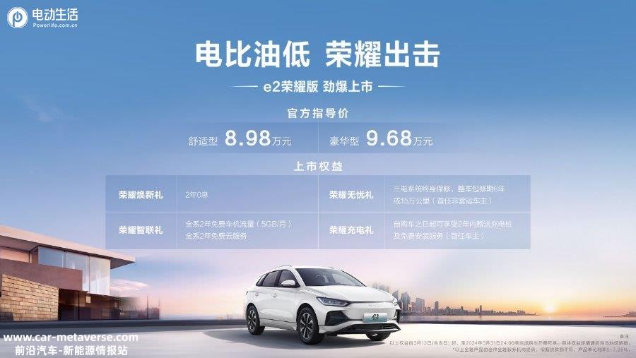 热泵/八合一/快充/续航405km，比亚迪e2荣耀版上市售8.98万元起