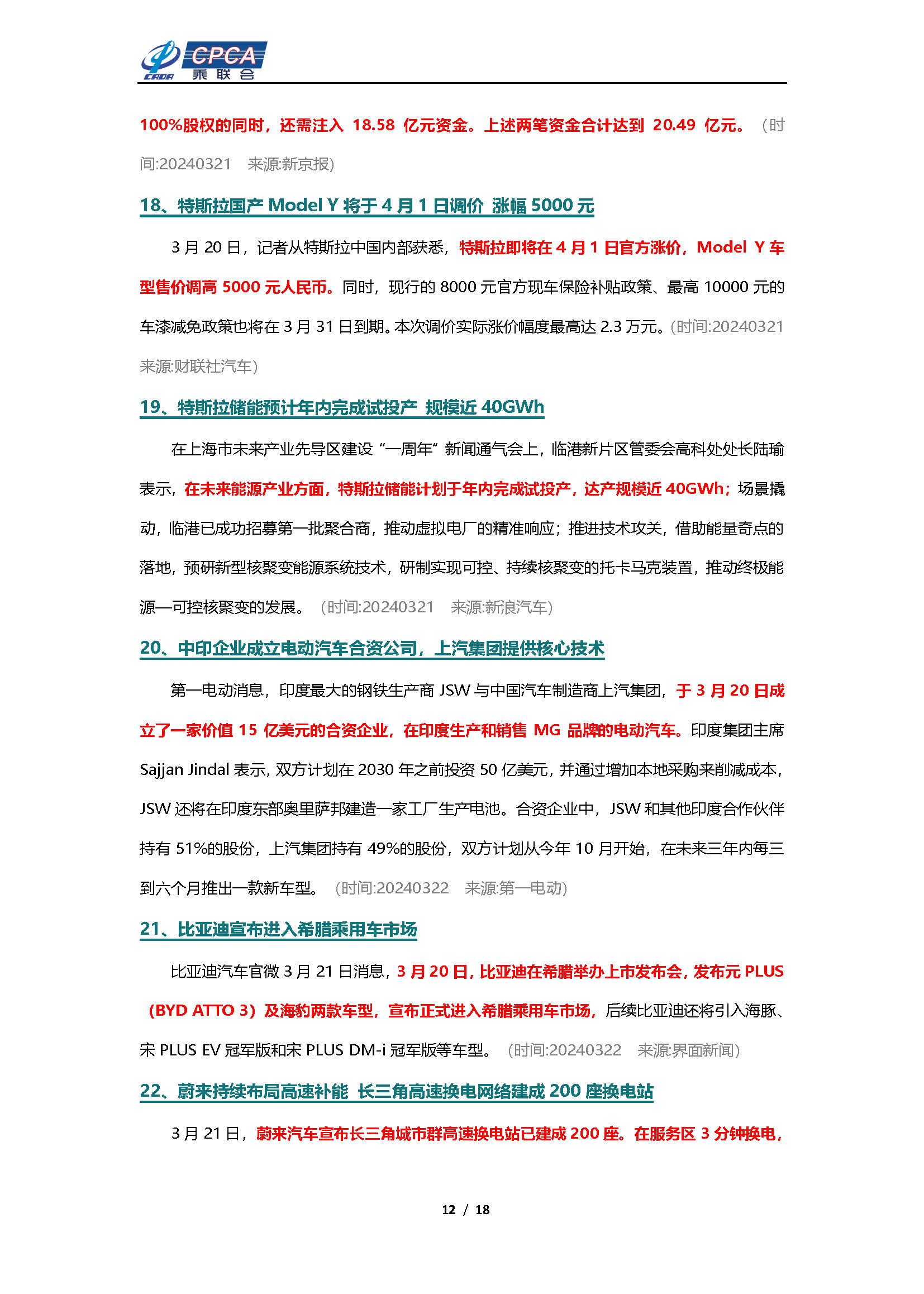 【新能源周报】新能源汽车行业信息周报(2024年3月18日-3月24日)